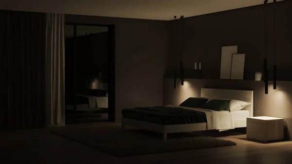 Современный Интерьер Дома Спальня Темными Стенами Светлой Мебелью Спокойной Ночи — стоковое фото