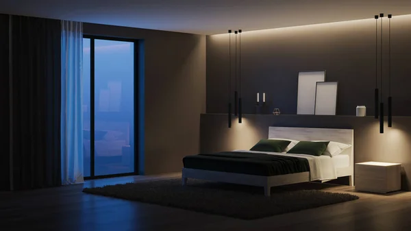 Modern House Interior Bedroom Dark Walls Bright Furniture Night Evening — 스톡 사진