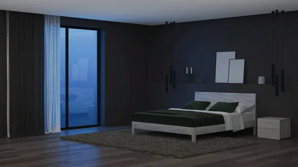 Modern House Interior Bedroom Dark Walls Bright Furniture Night Evening — Stock Photo, Image