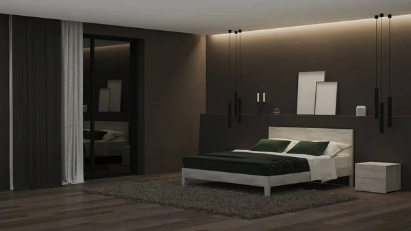 Interior Casa Moderna Dormitorio Con Paredes Oscuras Muebles Luminosos Buenas — Foto de Stock