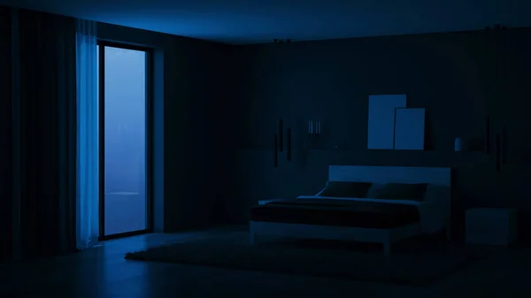 Modern House Interior Bedroom Dark Walls Bright Furniture Night Evening — 스톡 사진