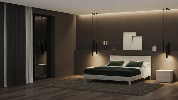 Modern Interieur Slaapkamer Met Donkere Muren Lichte Meubels Goedenacht Avondverlichting — Stockfoto