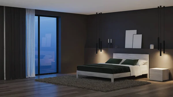 现代住宅内部 卧室有黑暗的墙壁和明亮的家具 3D渲染 — 图库照片