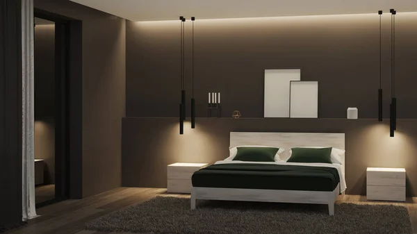 Modern house interior. Bedroom with dark walls and bright furniture. Night. Evening lighting. 3D rendering.