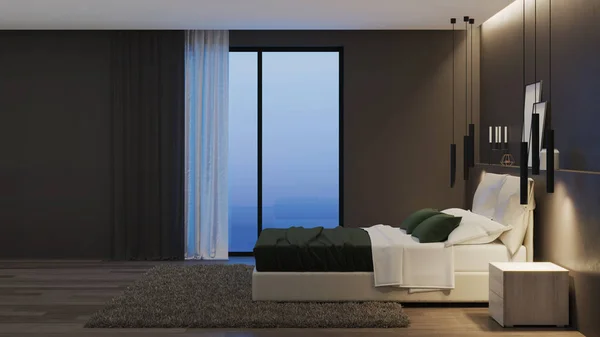 モダンな家のインテリア 暗い壁と明るい家具付きのベッドルーム 夜だ夜の照明3Dレンダリング — ストック写真