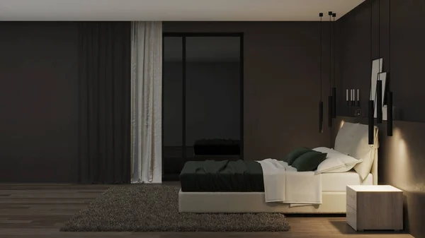 Interior Casa Moderna Dormitorio Con Paredes Oscuras Muebles Luminosos Buenas —  Fotos de Stock