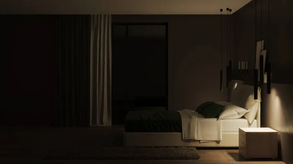 Μοντέρνο Εσωτερικό Σπιτιού Υπνοδωμάτιο Σκοτεινούς Τοίχους Και Φωτεινά Έπιπλα Νύχτα — Φωτογραφία Αρχείου