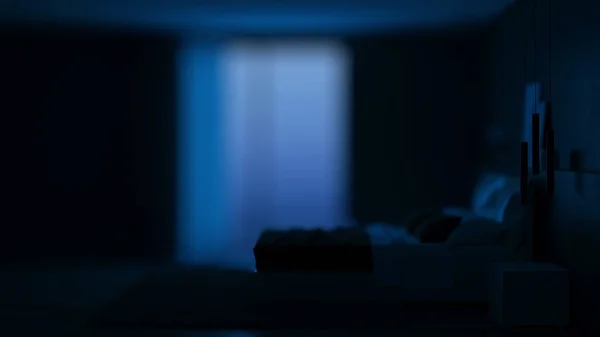 Μοντέρνο Εσωτερικό Σπιτιού Υπνοδωμάτιο Σκοτεινούς Τοίχους Και Φωτεινά Έπιπλα Νύχτα — Φωτογραφία Αρχείου