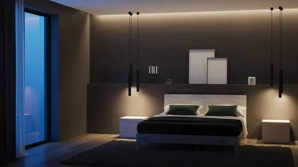 Moderne Hauseinrichtung Schlafzimmer Mit Dunklen Wänden Und Hellen Möbeln Nacht — Stockfoto