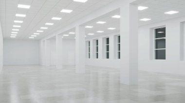 Beyaz duvarları olan boş bir ticari binanın içinde. Ofis alanı. İyi geceler. Akşam aydınlatması. 3d oluşturma.