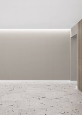 Ahşap bloklar kullanarak boş bir odanın modern koridoru. 3d oluşturma.