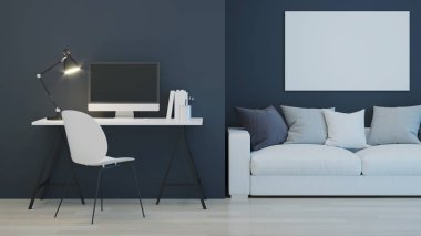 İş yeri. Ofis mobilyası. İyi geceler. Akşam aydınlatması. 3d oluşturma.