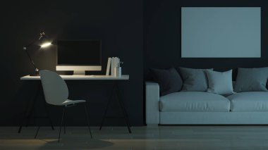 İş yeri. Ofis mobilyası. İyi geceler. Akşam aydınlatması. 3d oluşturma.