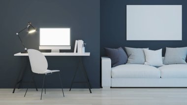 İş yeri. Ofis mobilyası. İyi geceler. Akşam aydınlatması. 3d oluşturma.