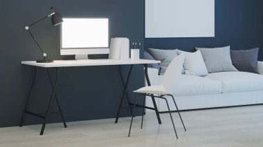 İş yeri. Ofis mobilyası. İyi geceler. Akşam aydınlatması. 3d oluşturma.