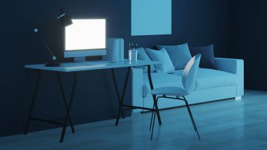 İş yeri. Ofis mobilyası. İyi geceler. Akşam aydınlatması. 3d oluşturma.