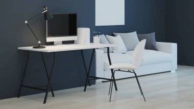 İş yeri. Ofis mobilyası. İyi geceler. Akşam aydınlatması. 3d oluşturma.