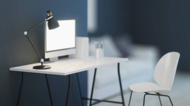 İş yeri. Ofis mobilyası. İyi geceler. Akşam aydınlatması. 3d oluşturma.