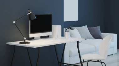 İş yeri. Ofis mobilyası. İyi geceler. Akşam aydınlatması. 3d oluşturma.