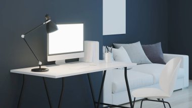 İş yeri. Ofis mobilyası. İyi geceler. Akşam aydınlatması. 3d oluşturma.