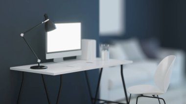 İş yeri. Ofis mobilyası. İyi geceler. Akşam aydınlatması. 3d oluşturma.
