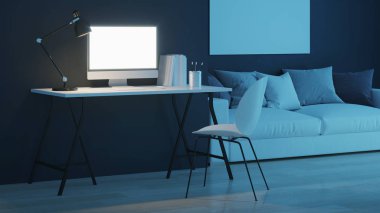 İş yeri. Ofis mobilyası. İyi geceler. Akşam aydınlatması. 3d oluşturma.