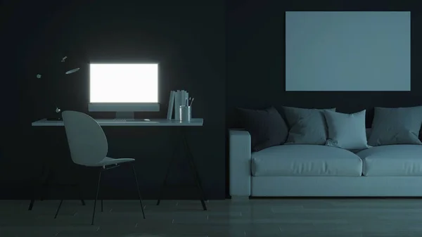 Lugar Trabajo Muebles Buenas Noches Iluminación Nocturna Renderizado —  Fotos de Stock