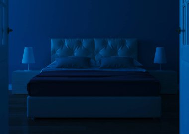 İç taraftaki mavi duvarlı beyaz kapı. Otel odasına açılan açık bir kapı. 3d oluşturma.