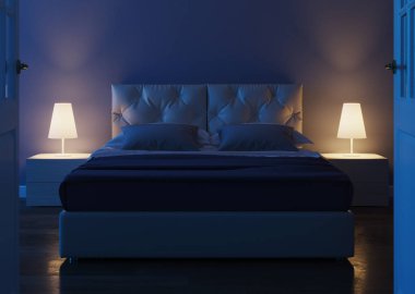 İç taraftaki mavi duvarlı beyaz kapı. Otel odasına açılan açık bir kapı. 3d oluşturma.