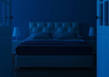 İç taraftaki mavi duvarlı beyaz kapı. Otel odasına açılan açık bir kapı. 3d oluşturma.