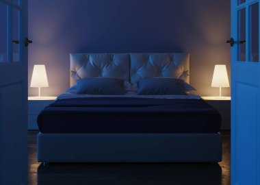 İç taraftaki mavi duvarlı beyaz kapı. Otel odasına açılan açık bir kapı. 3d oluşturma.