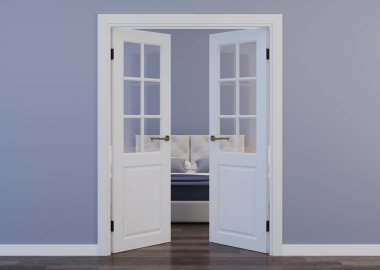 İç taraftaki mavi duvarlı beyaz kapı. Otel odasına açılan açık bir kapı. 3d oluşturma.