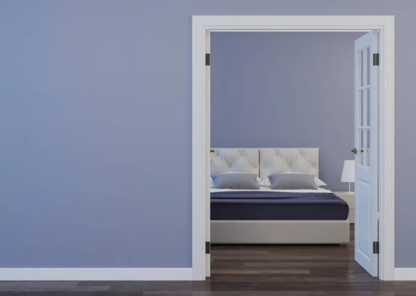 White Door Interior Blue Wall Open Doorway Hotel Bedroom Rendering — 스톡 사진