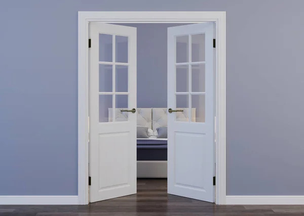 White Door Interior Blue Wall Open Doorway Hotel Bedroom Rendering — 스톡 사진