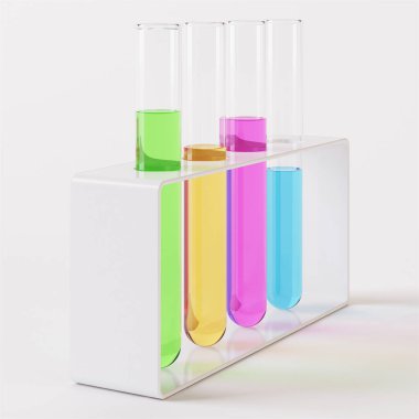 Transparent glass laboratory tube. Test tube filled with liquid on a white background. 3D rendering.