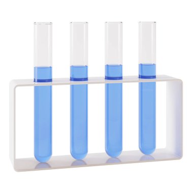 Transparent glass laboratory tube. Test tube filled with liquid on a white background. 3D rendering.