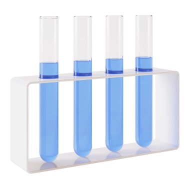 Transparent glass laboratory tube. Test tube filled with liquid on a white background. 3D rendering.