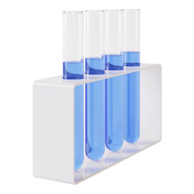 Transparent glass laboratory tube. Test tube filled with liquid on a white background. 3D rendering.