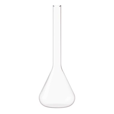 Şeffaf cam laboratuvar şişesi. Beyaz arka planda sıvı dolu bir şişe. 3d oluşturma.