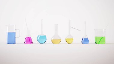 Bir dizi şeffaf cam laboratuvar şişesi. 3d oluşturma.