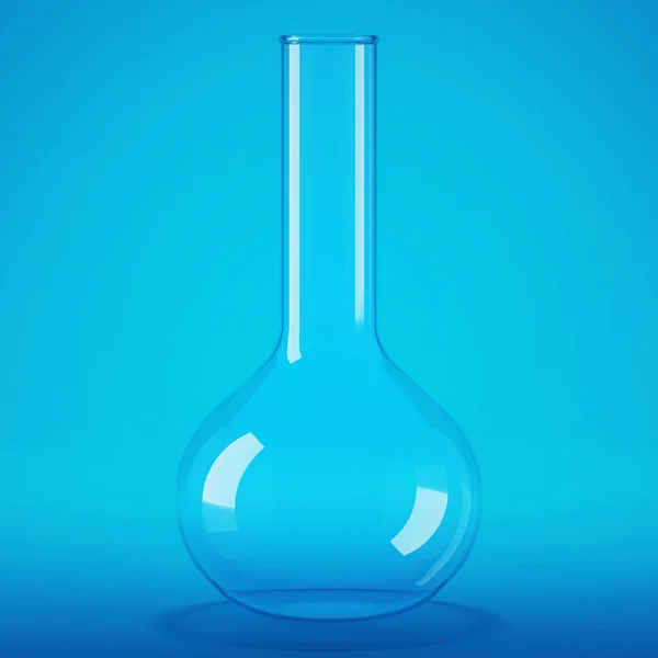 Transparent glass laboratory flask. Flask blue background. 3D rendering.