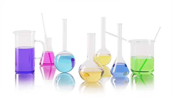 Set Transparent Glass Laboratory Flasks Rendering — 스톡 사진