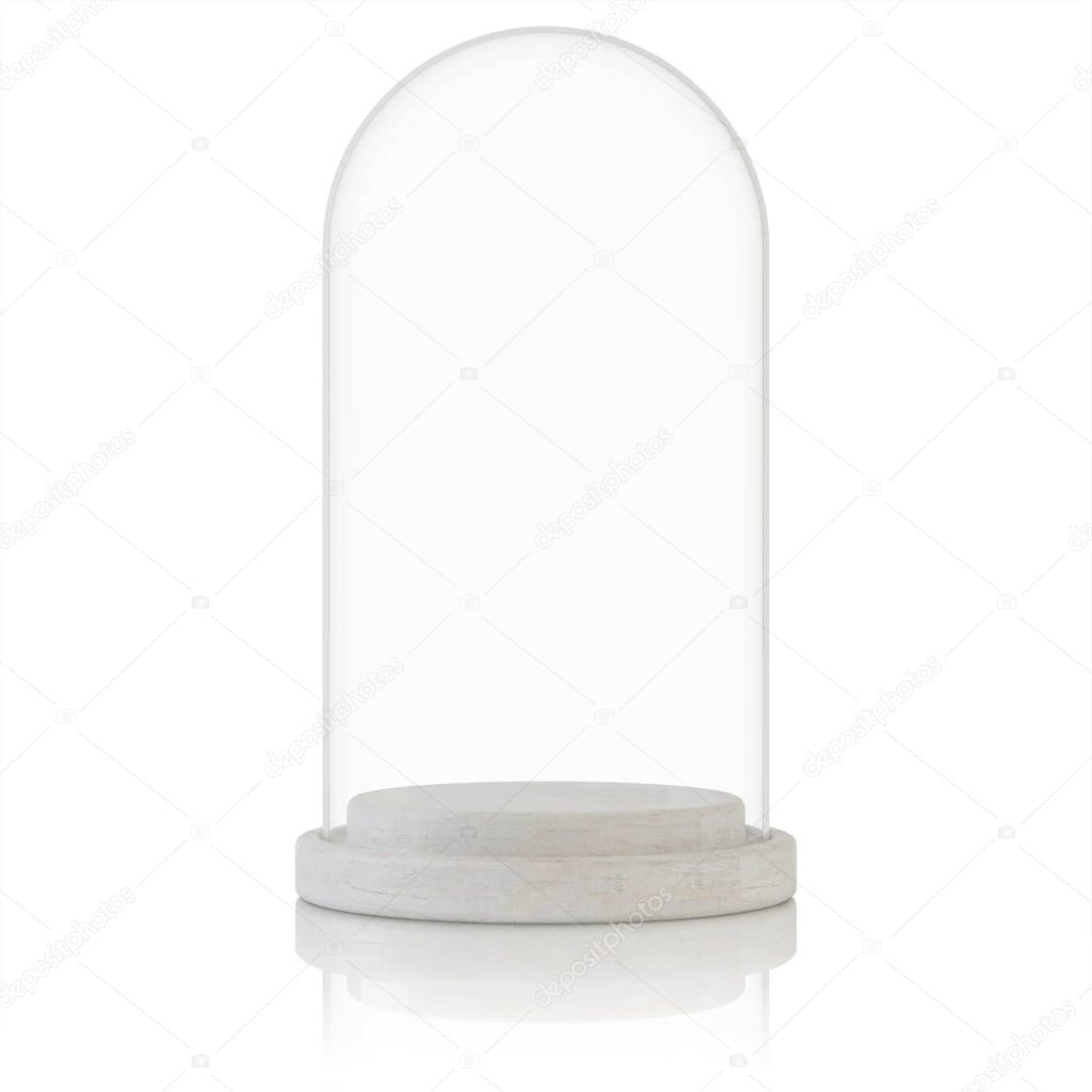 Empty glass dome on a white background. Clipping path included. 3D rendering.