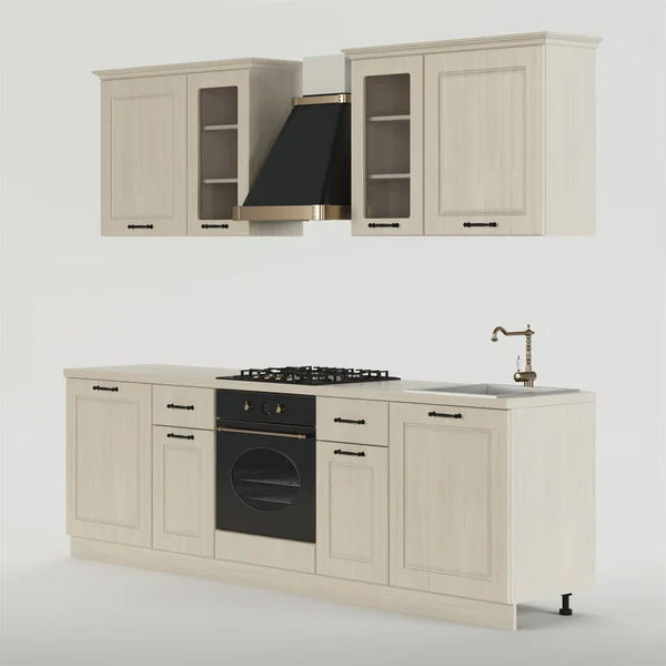 Kitchen. Furniture and kitchen equipment on a white background. Clipping path included. 3D rendering.