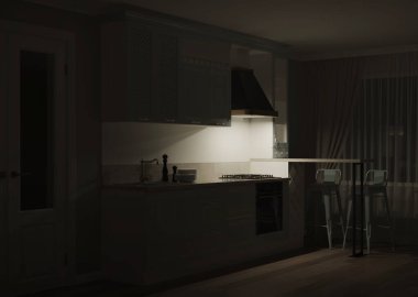 Mutfağın içinde, özel bir evde. Açık yeşil mutfak klasik tarzda. İyi geceler. Akşam aydınlatması. 3d oluşturma.