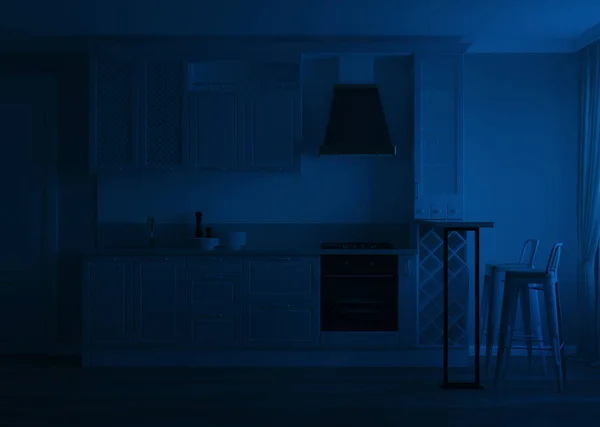 私人住宅厨房的内部 传统风格的浅绿色厨房 晚安夜光 3D渲染 — 图库照片