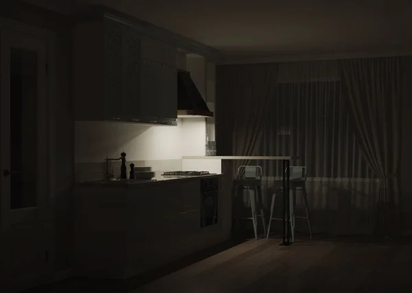 プライベートハウスのキッチンのインテリア 古典的なスタイルのライトグリーンのキッチン 夜の照明 3Dレンダリング — ストック写真