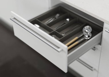 Mutfak çekmecesini mutfak malzemeleriyle açın. Mutfağın depolama ve düzenlenmesi. 3d oluşturma.
