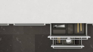 Mutfak çekmecesini mutfak malzemeleriyle açın. Mutfağın depolama ve düzenlenmesi. 3d oluşturma.