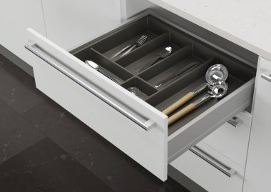 Mutfak çekmecesini mutfak malzemeleriyle açın. Mutfağın depolama ve düzenlenmesi. 3d oluşturma.
